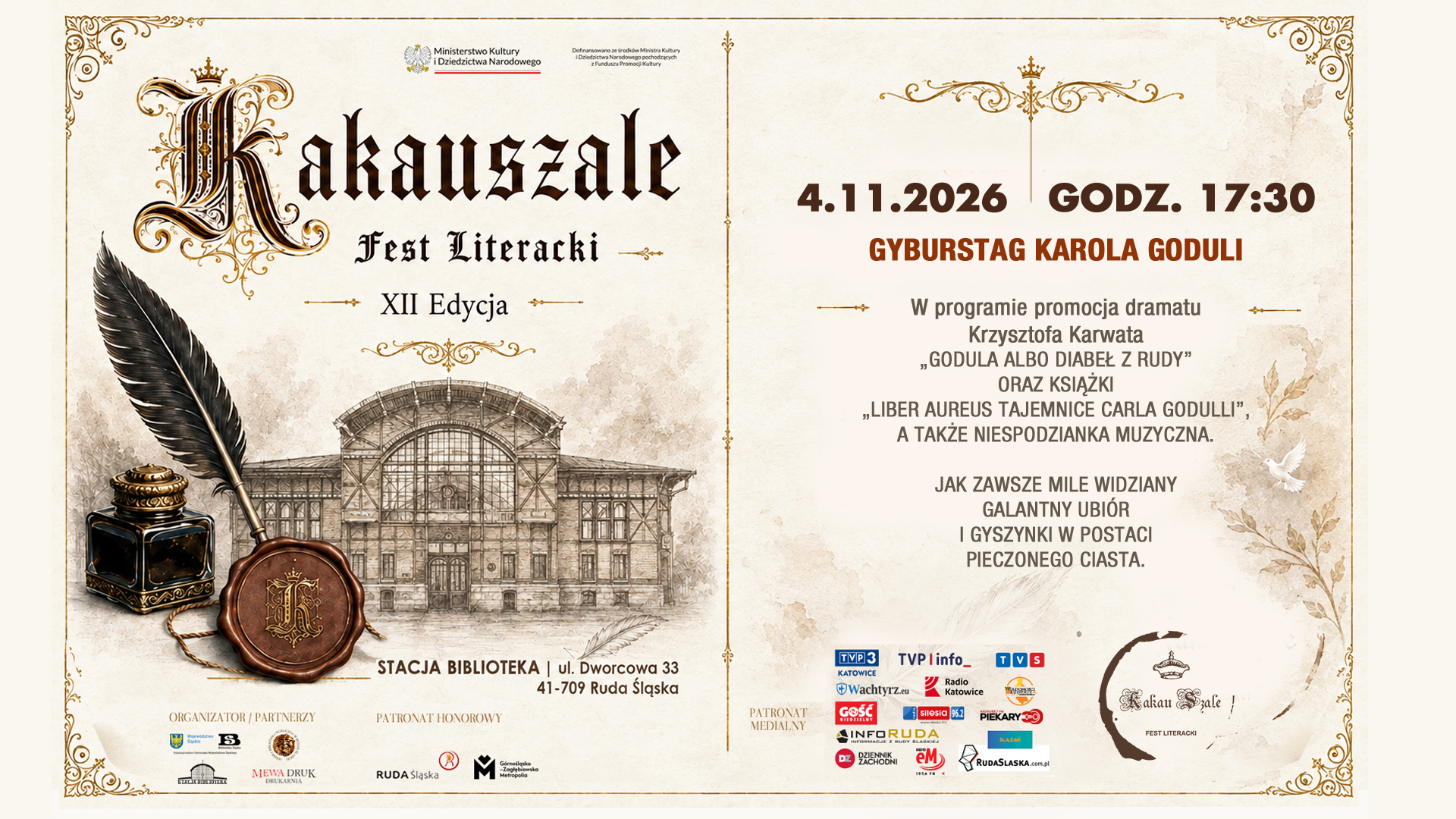 Plakat promujący wydarzenie Kakauszale – Fest Literacki. Gyburstag Karola Goduli