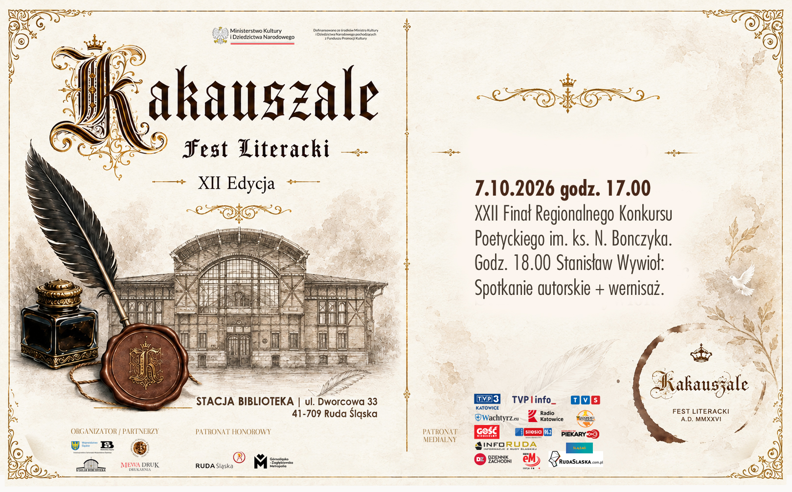 Plakat promujący wydarzenie „Finał XXII Regionalnego Konkursu Poetyckiego im. ks. Norberta Bonczyka”