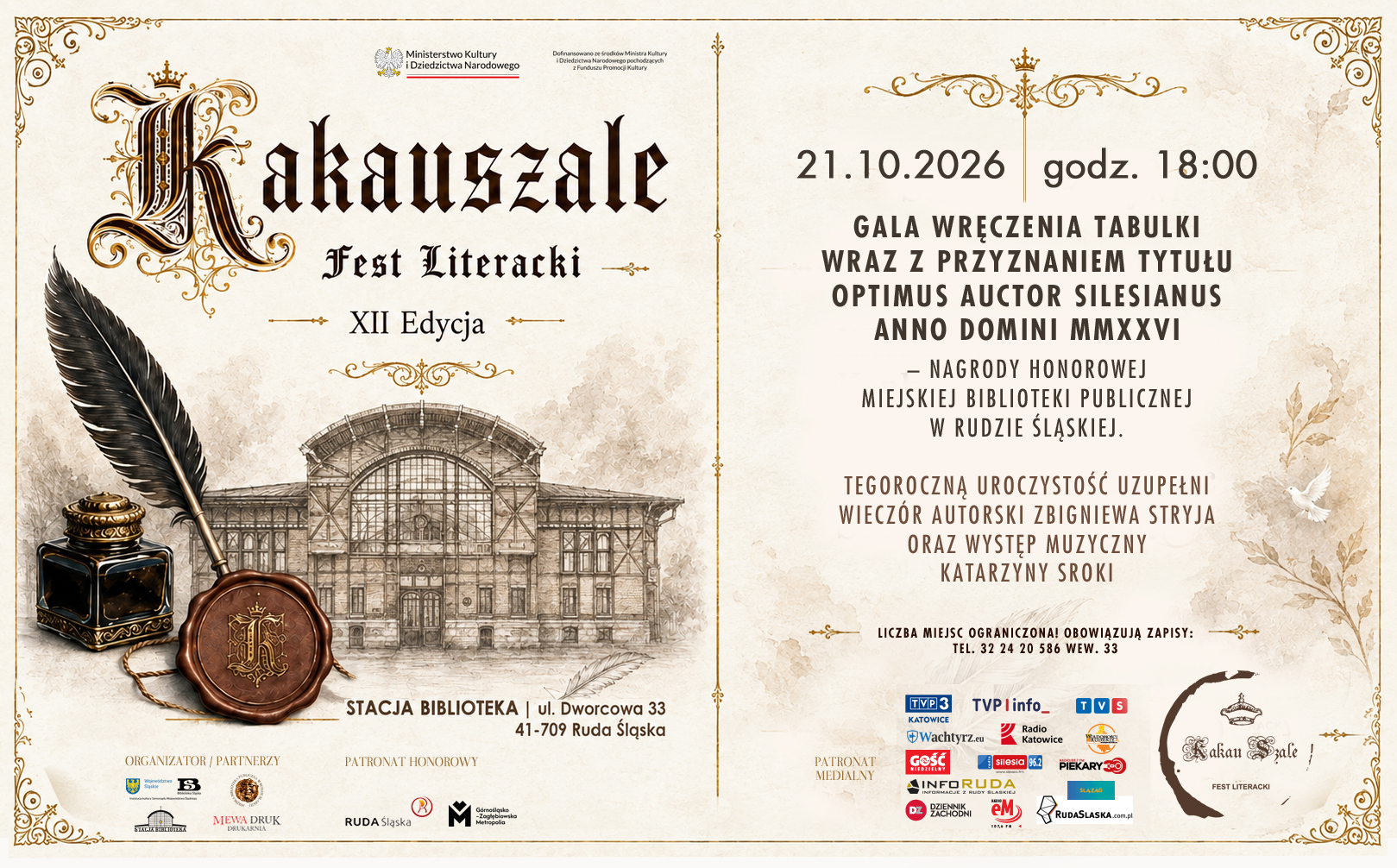 Plakat promujący wydarzenie Kakauszale – Fest Literacki. Gala wręczenia TABULKI