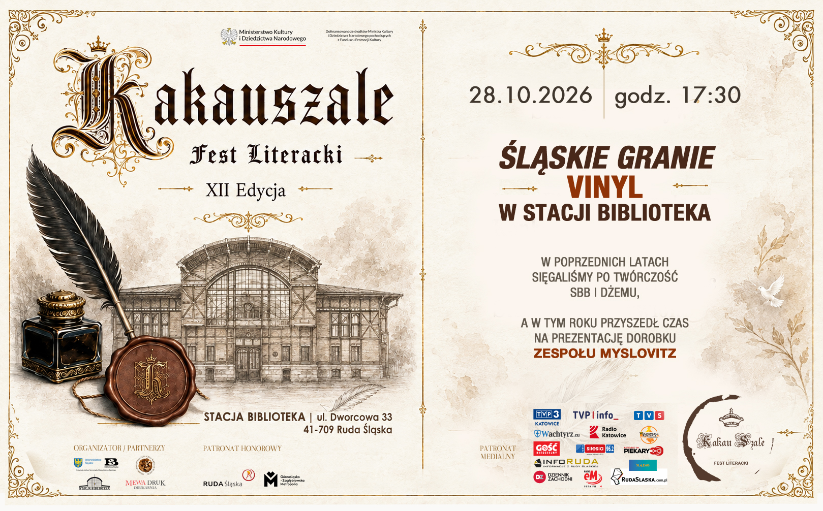 Plakat promujący wydarzenie Kakauszale – Fest Literacki. „Śląskie Granie” – Vinyl w Stacji Biblioteka