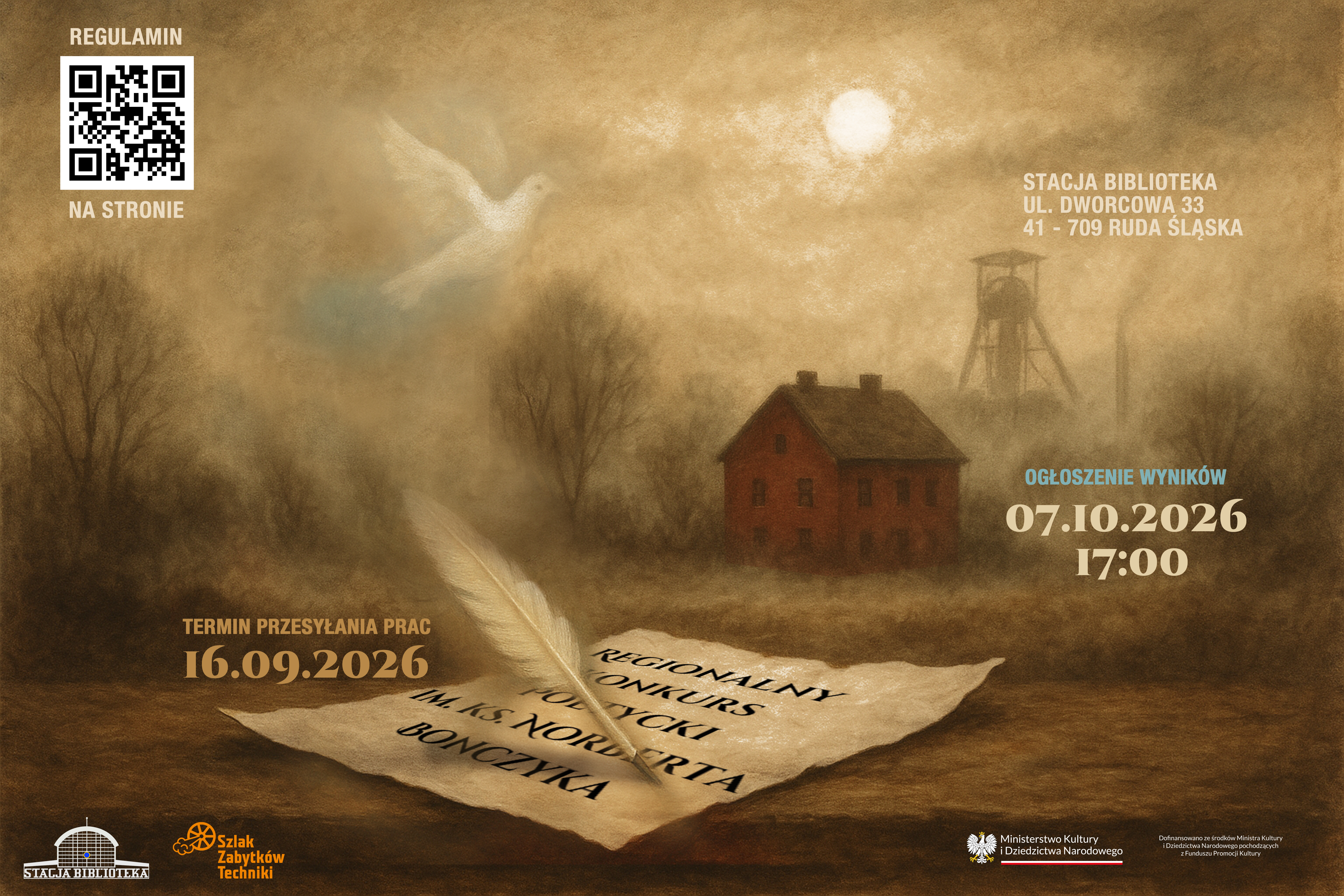 Plakat promujący wydarzenie „Ogłaszamy XXII Regionalny Konkurs Poetycki im. ks. Norberta Bonczyka”